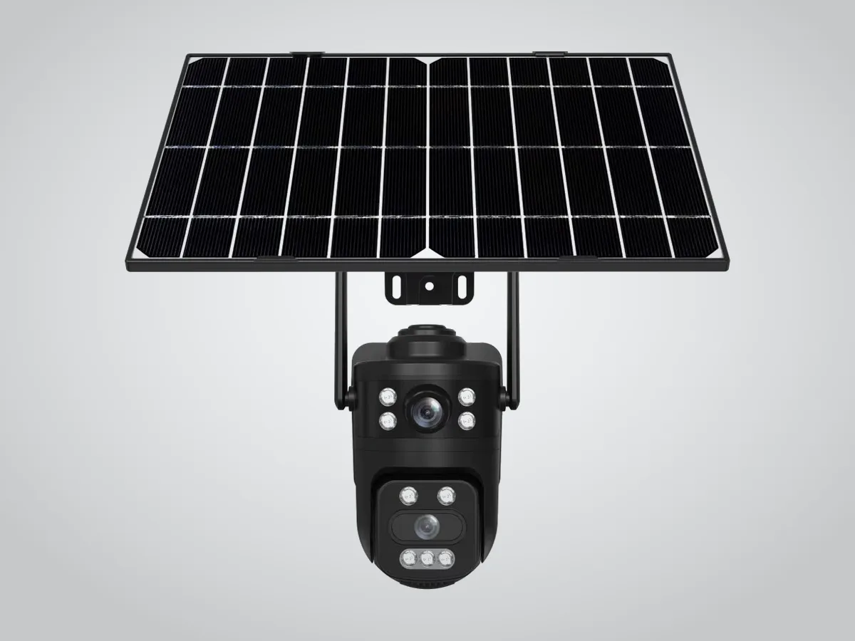 Solar dual-lens camera mounted below a large solar panel