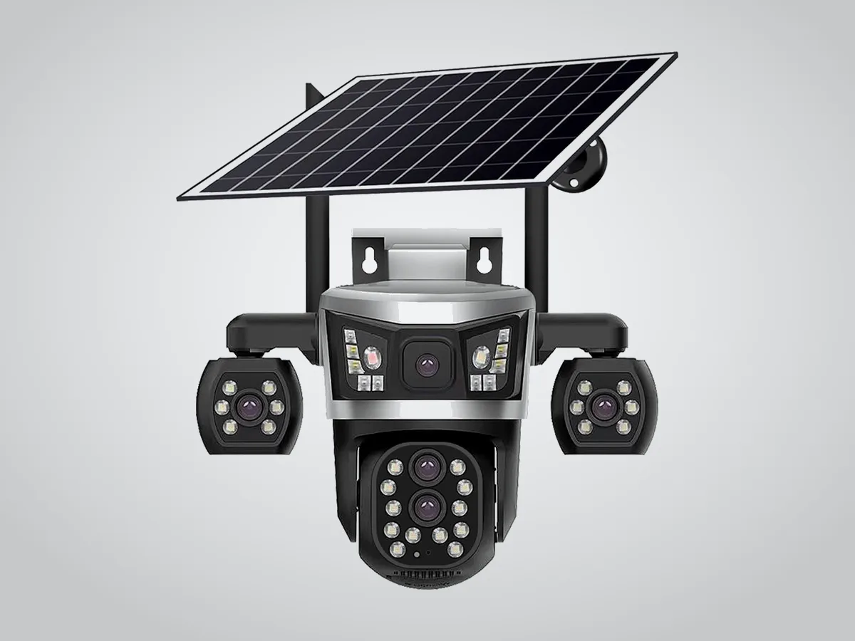 Solar-powered multi-lens camera with two side cameras and a twin-lens PTZ
