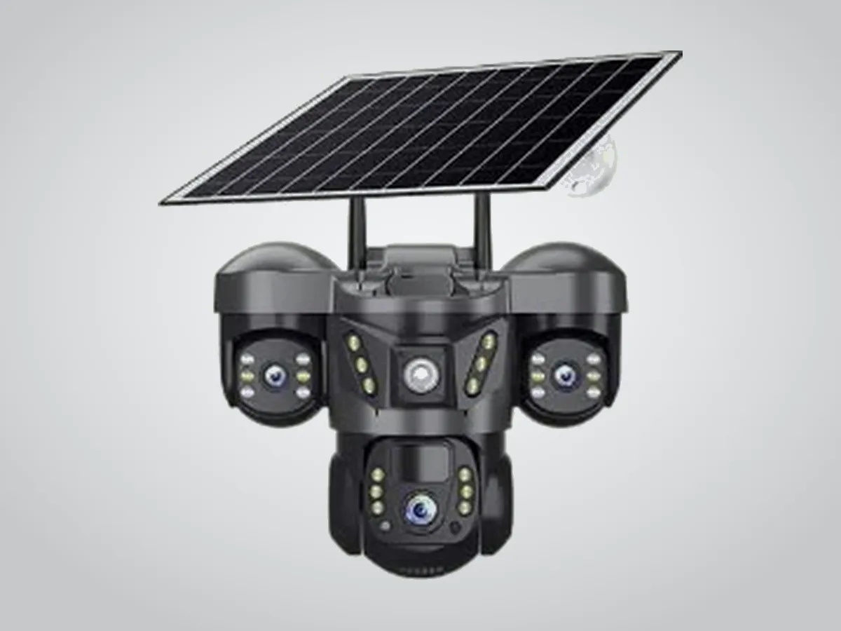 Compact solar camera with three dome lenses under a small solar panel