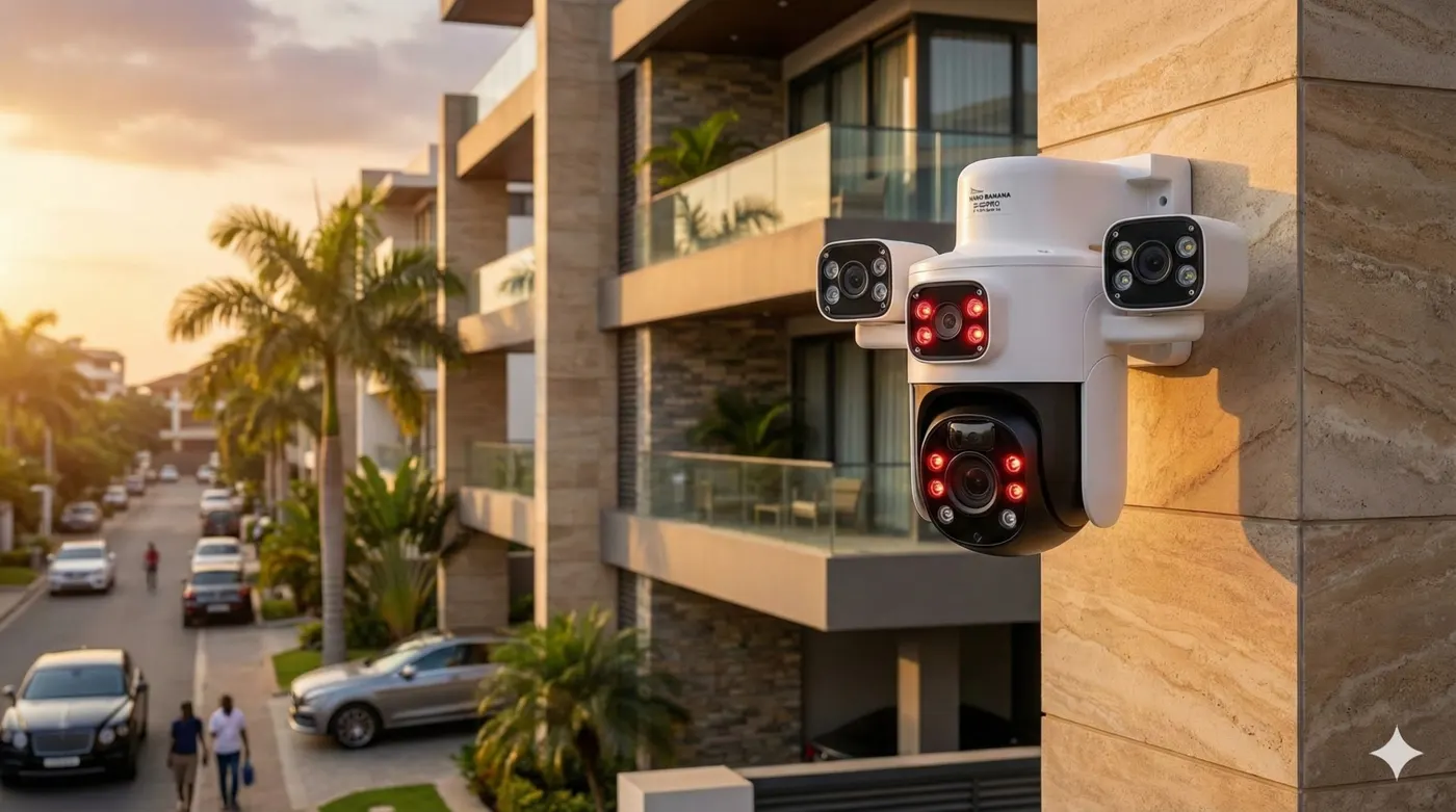 Multi-lens camera mounted on an apartment building