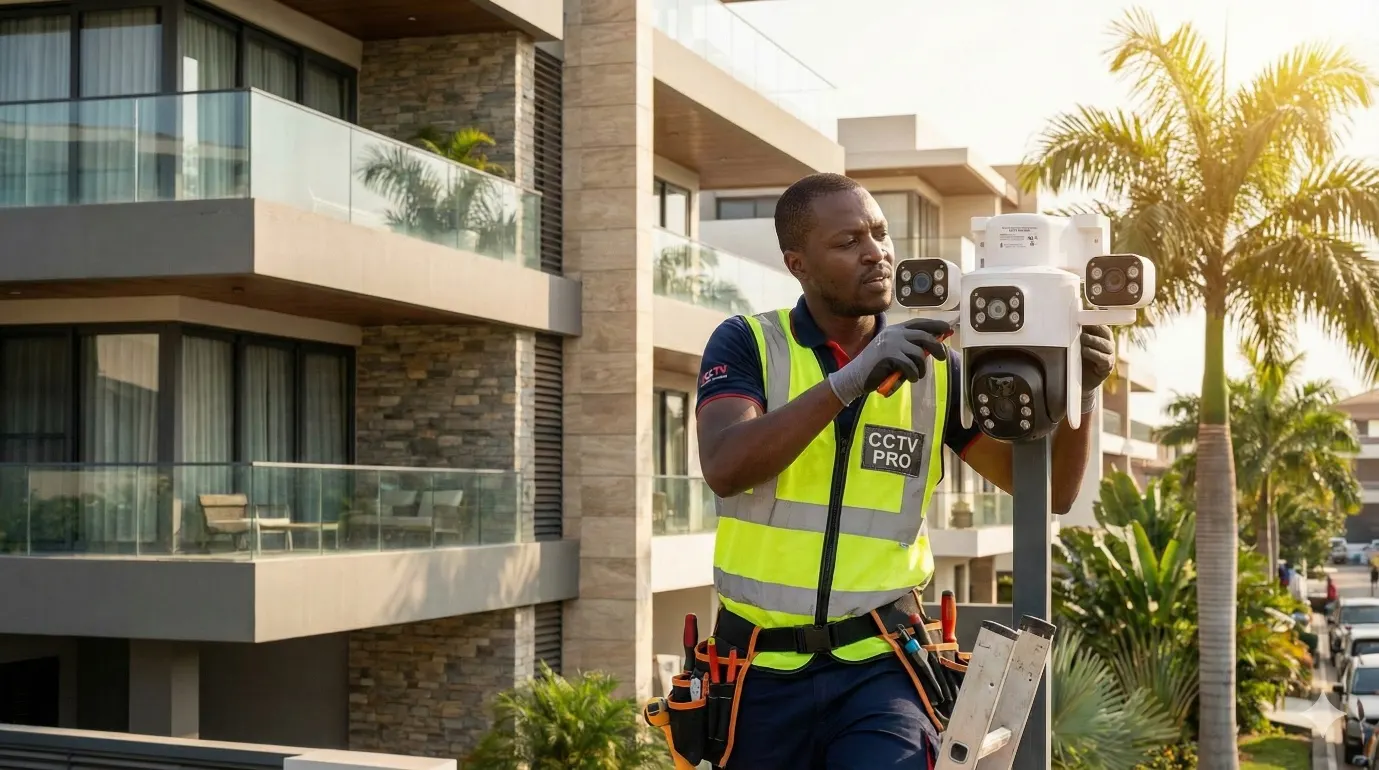 Installer fitting a camera on a residential building