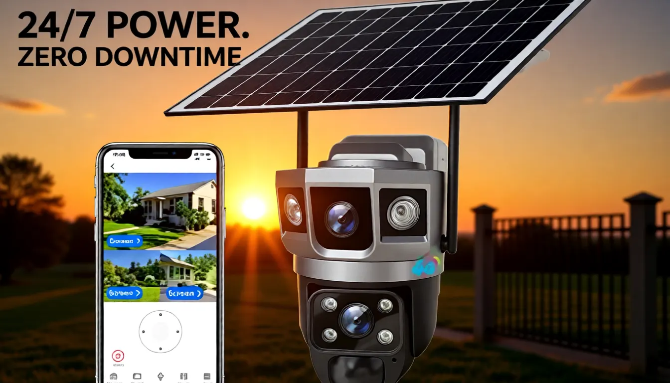 Solar camera at sunset with phone app: 24/7 power, zero downtime