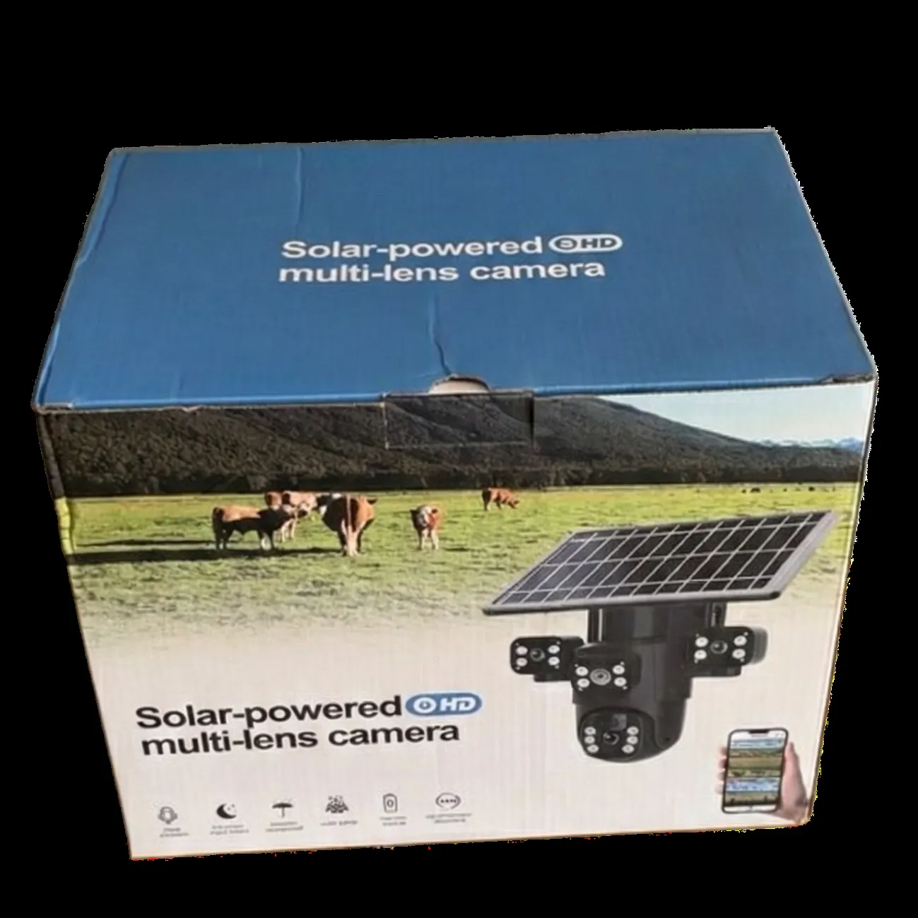 Retail box for a solar-powered 4G multi-lens camera